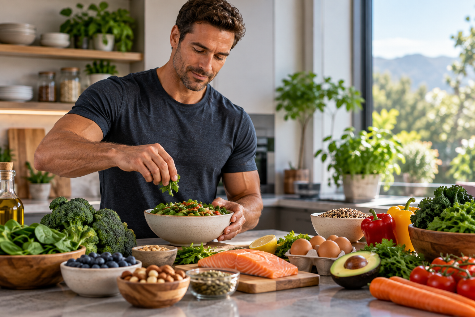Man preparing a nutrient-dense meal with salmon, vegetables, eggs, nuts, seeds and other whole foods