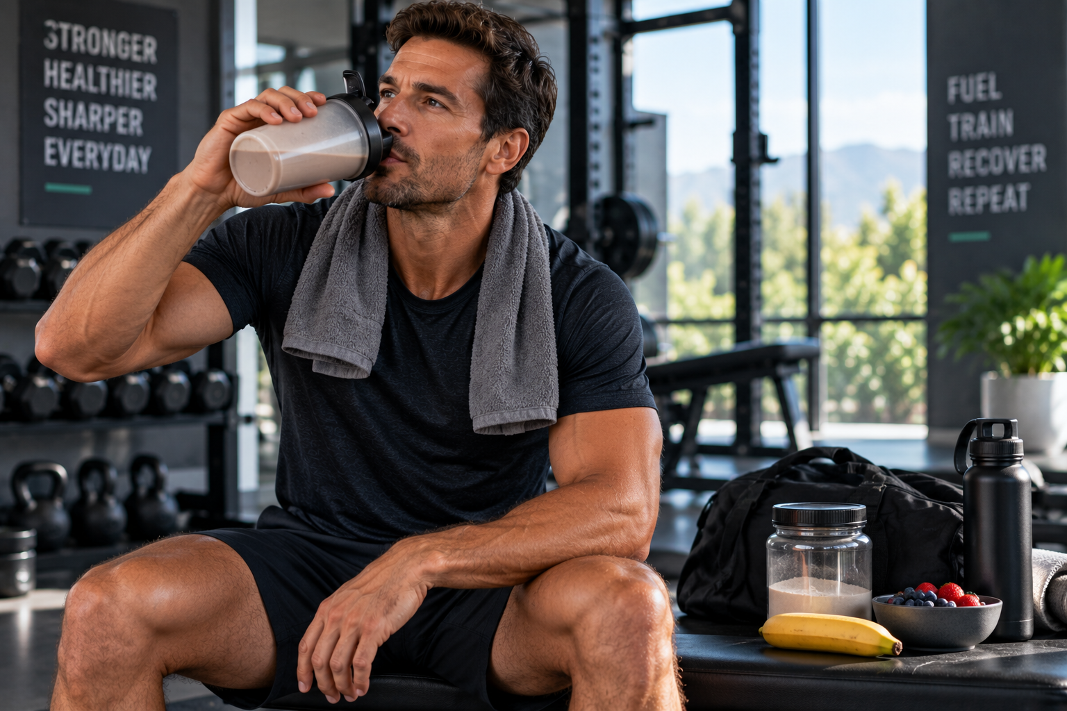 Active man recovering after exercise in a modern gym