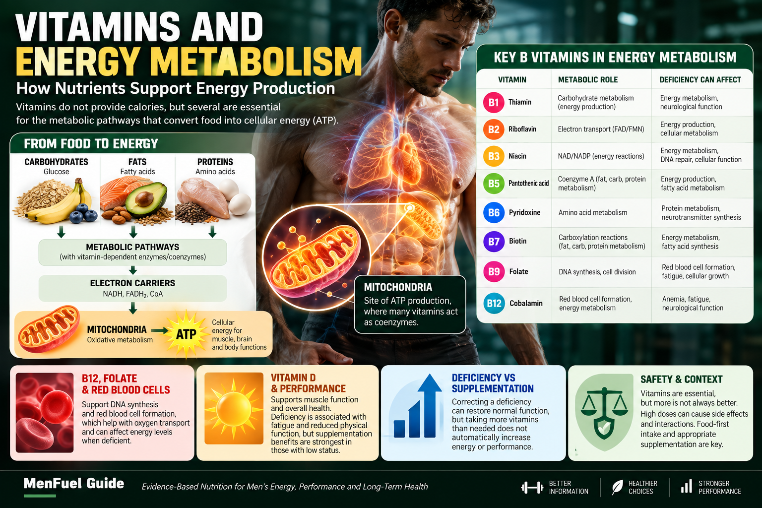 Vitamins and energy metabolism infographic showing ATP production, B vitamins and nutrients